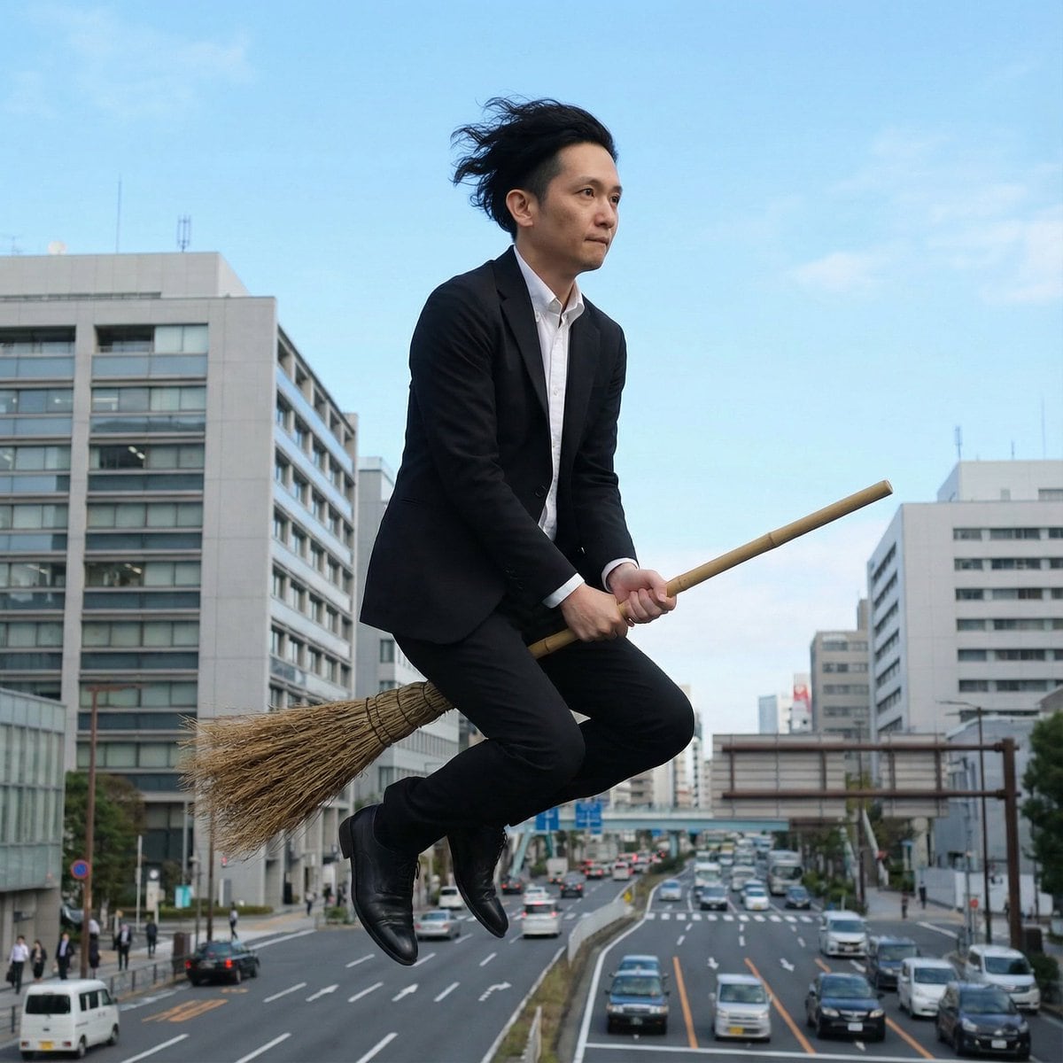 Commuting on a Flying Broomstick in a Suit