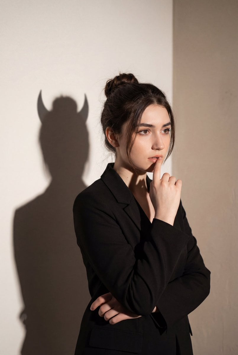 Conceptual Portrait with Symbolic Devil Horn Shadow