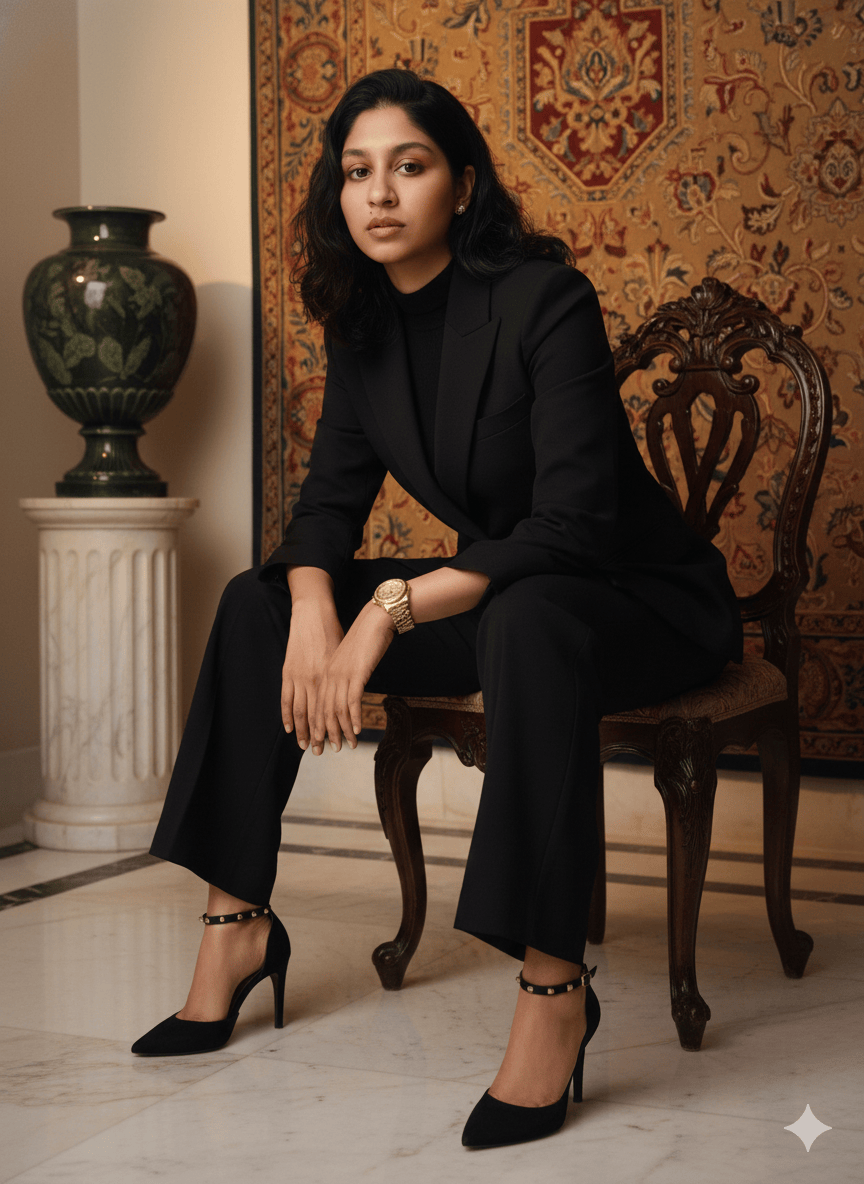 Confident and Luxurious Power Portrait of Female in Black tailored Pantsuit