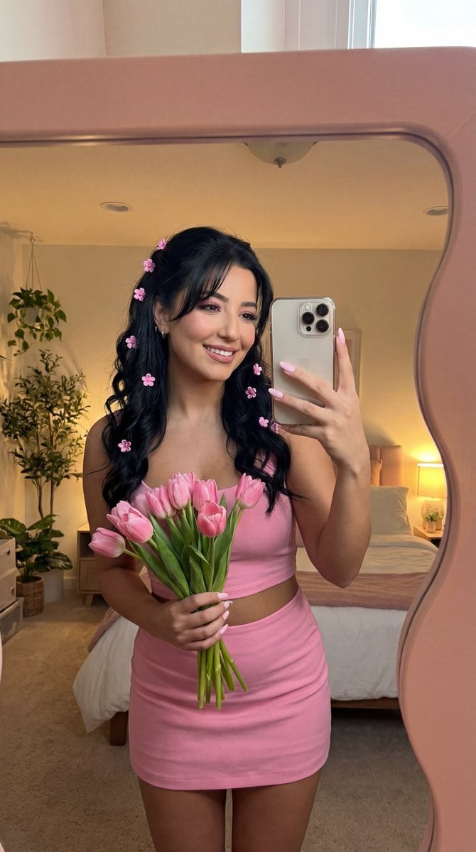 Coquette Mirror Selfie with Pink Flowers and Identity Lock