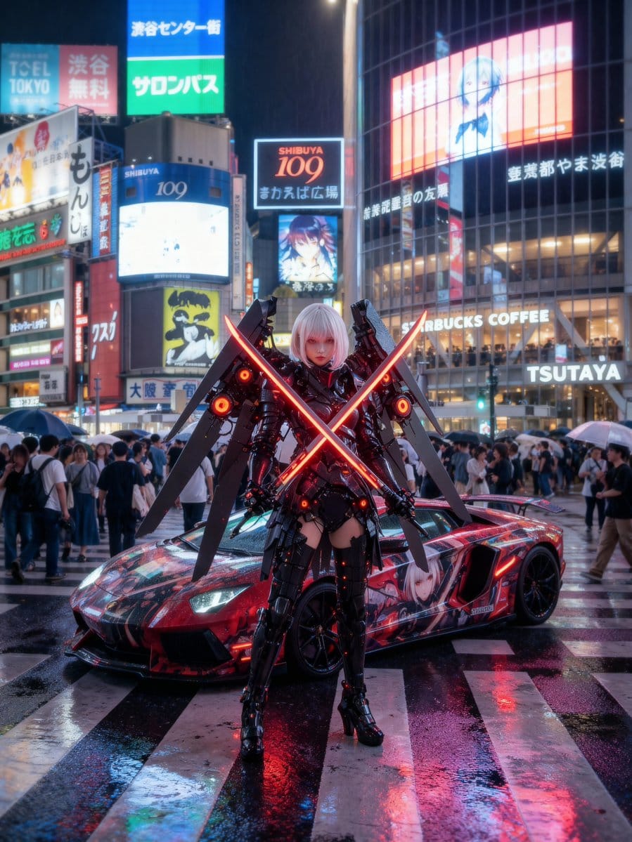 Cosplayer with itasha at Shibuya Scramble Crossing