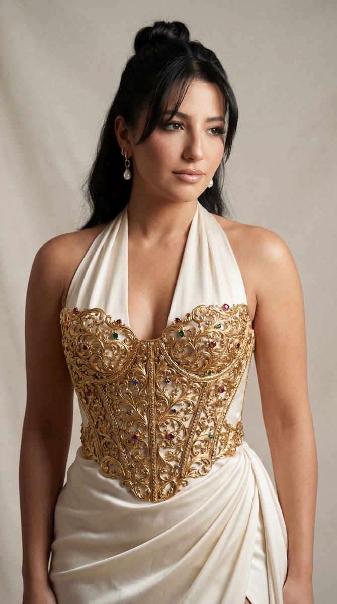 Couture Gown with Sculptural Gold Corset Editorial