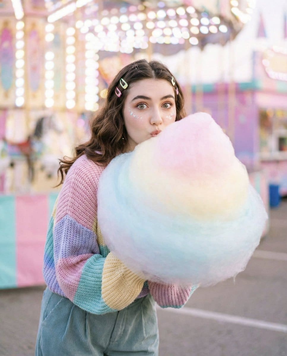 Cozy-Sweet Editorial Portrait with Cotton Candy