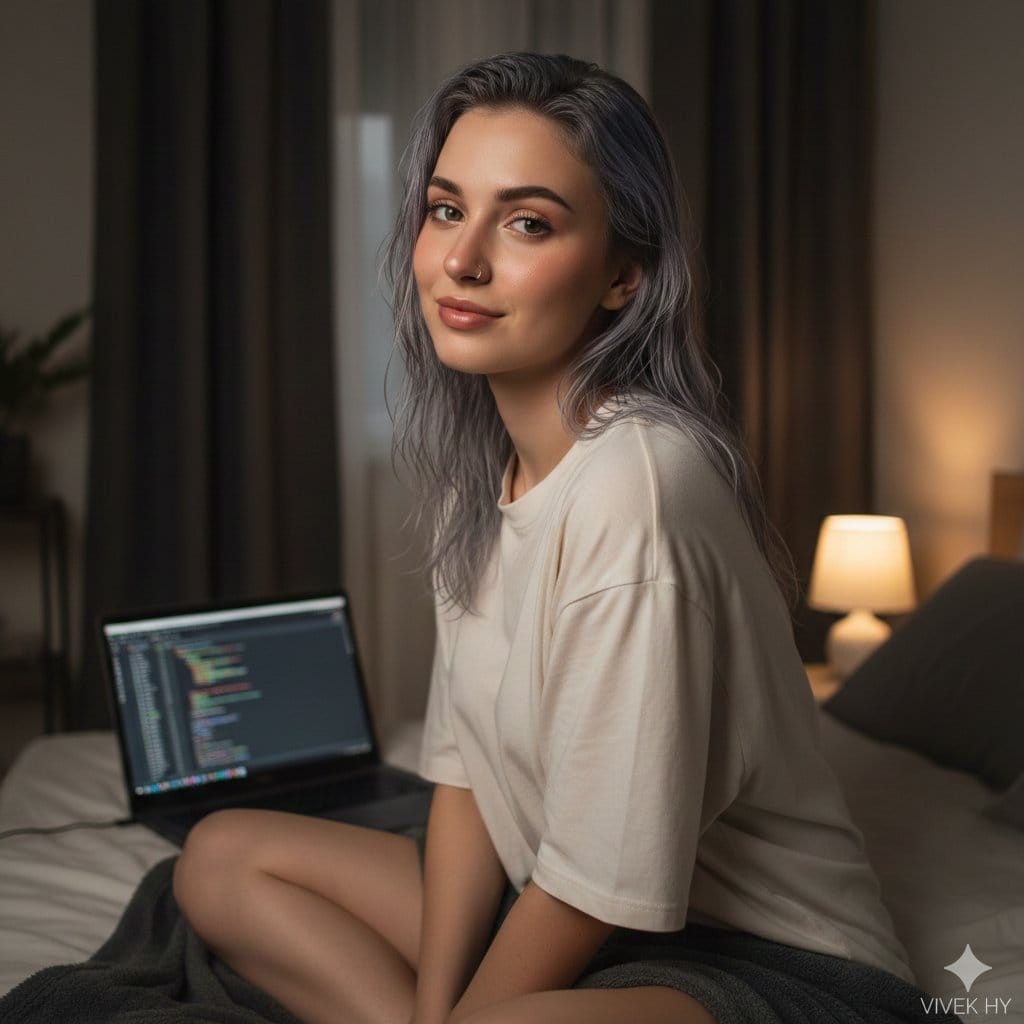 Cozy Bedroom Portrait with Code Editor Prompt