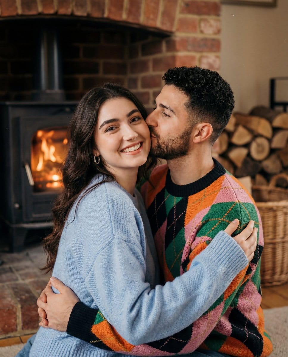 Cozy Nostalgic Couple Portrait by Fireplace
