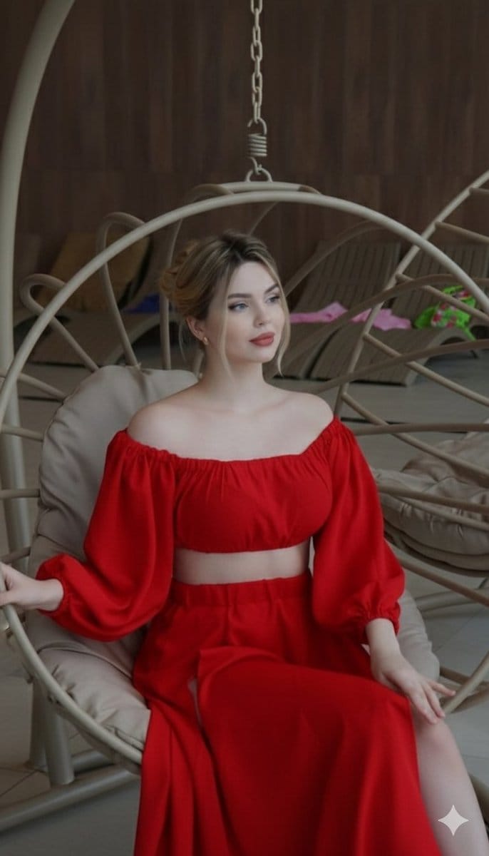 Crimson Red Fashion Editorial in Rattan Chair