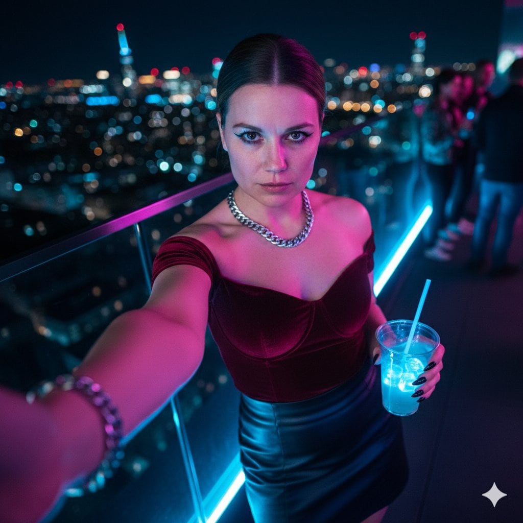 Cyberpunk Rooftop Selfie with Cold Stare