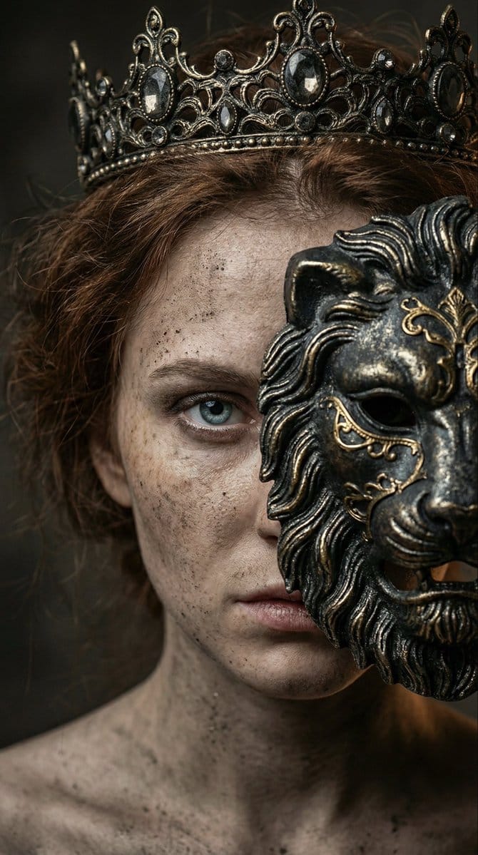 Dark fantasy portrait with metal lion mask