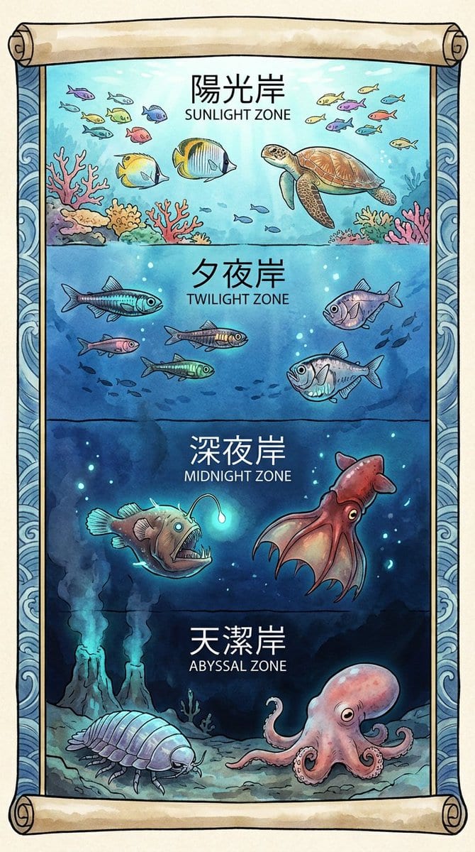 Deep-Sea Creatures Poster in Japanese Anime Style