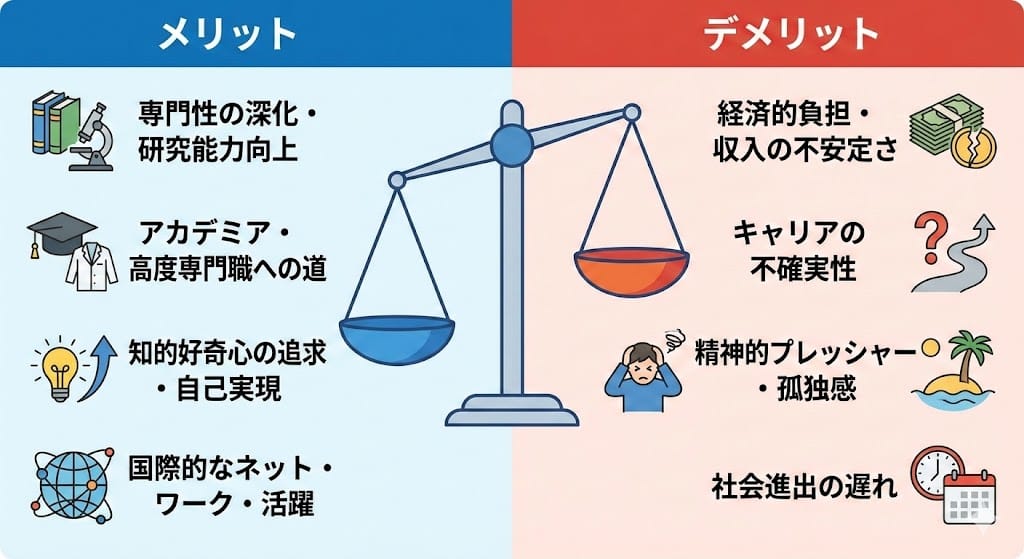 Diagram explaining pros and cons of D-course graduate study