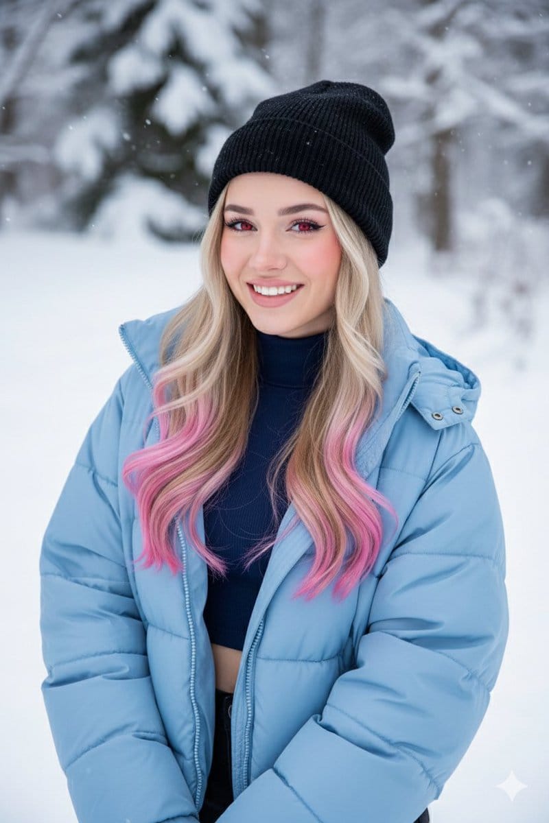 Digital Art Portrait of Girl with Pink-Tipped Hair in Winter