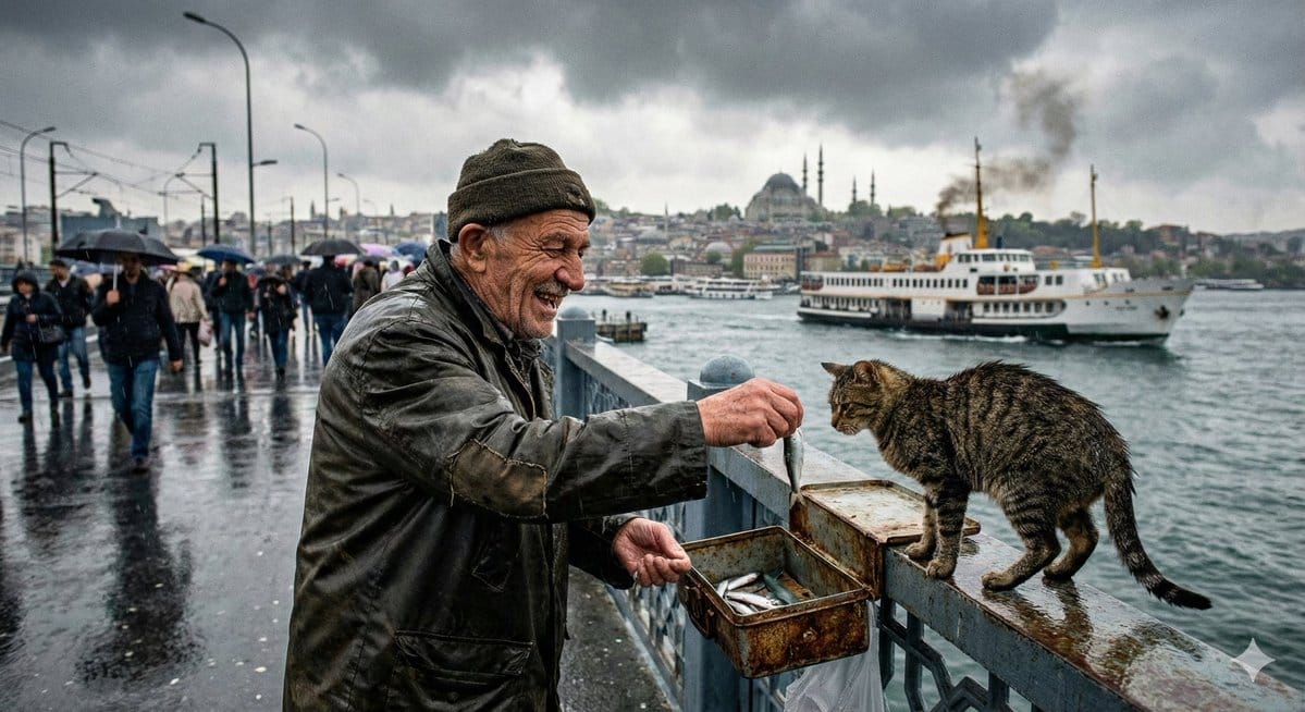 Documentary Photo of Fisherman and Cat on Galata Bridge