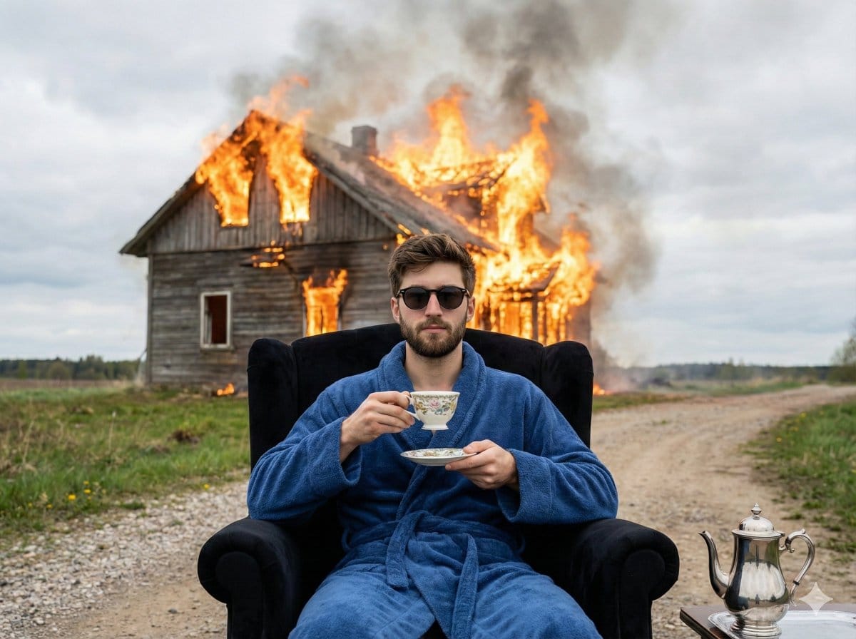 Documentary Photo of Man in Robe with Burning Farmhouse