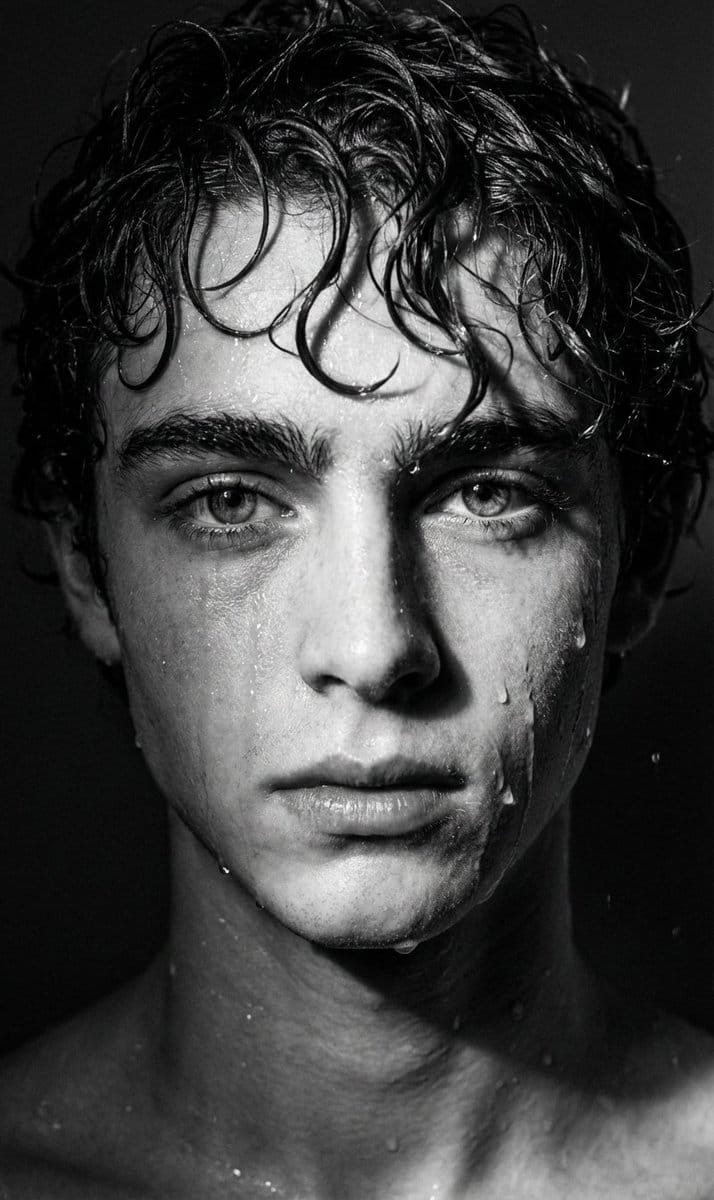 Dramatic Black and White Wet Portrait Prompt