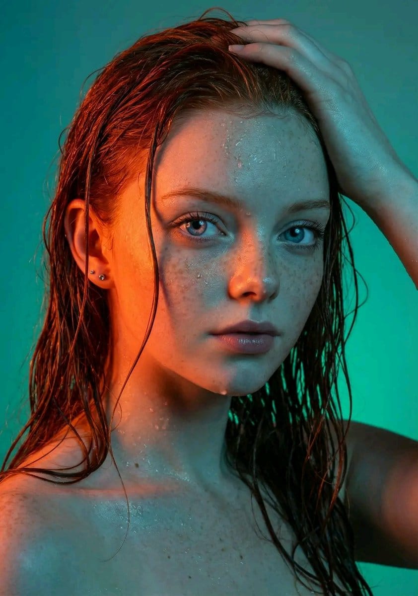 Dramatic Neon Portrait with Wet Hair and Color Contrast