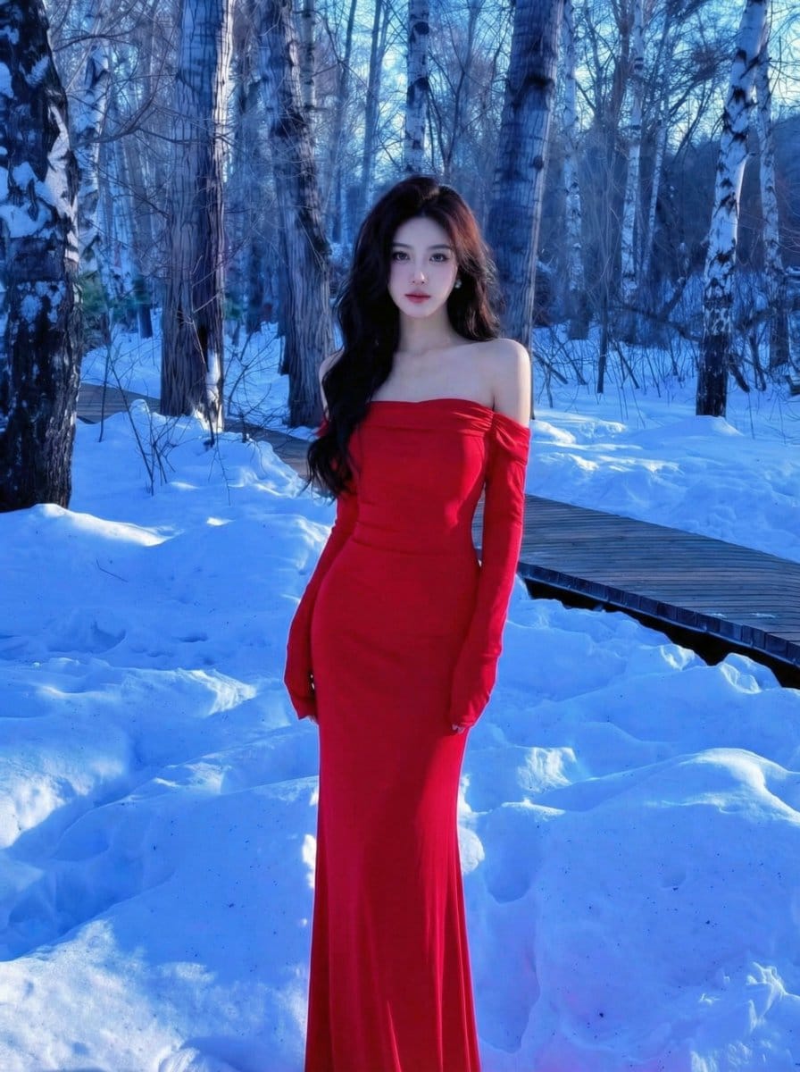 Dramatic Red Dress in Snowy Birch Forest