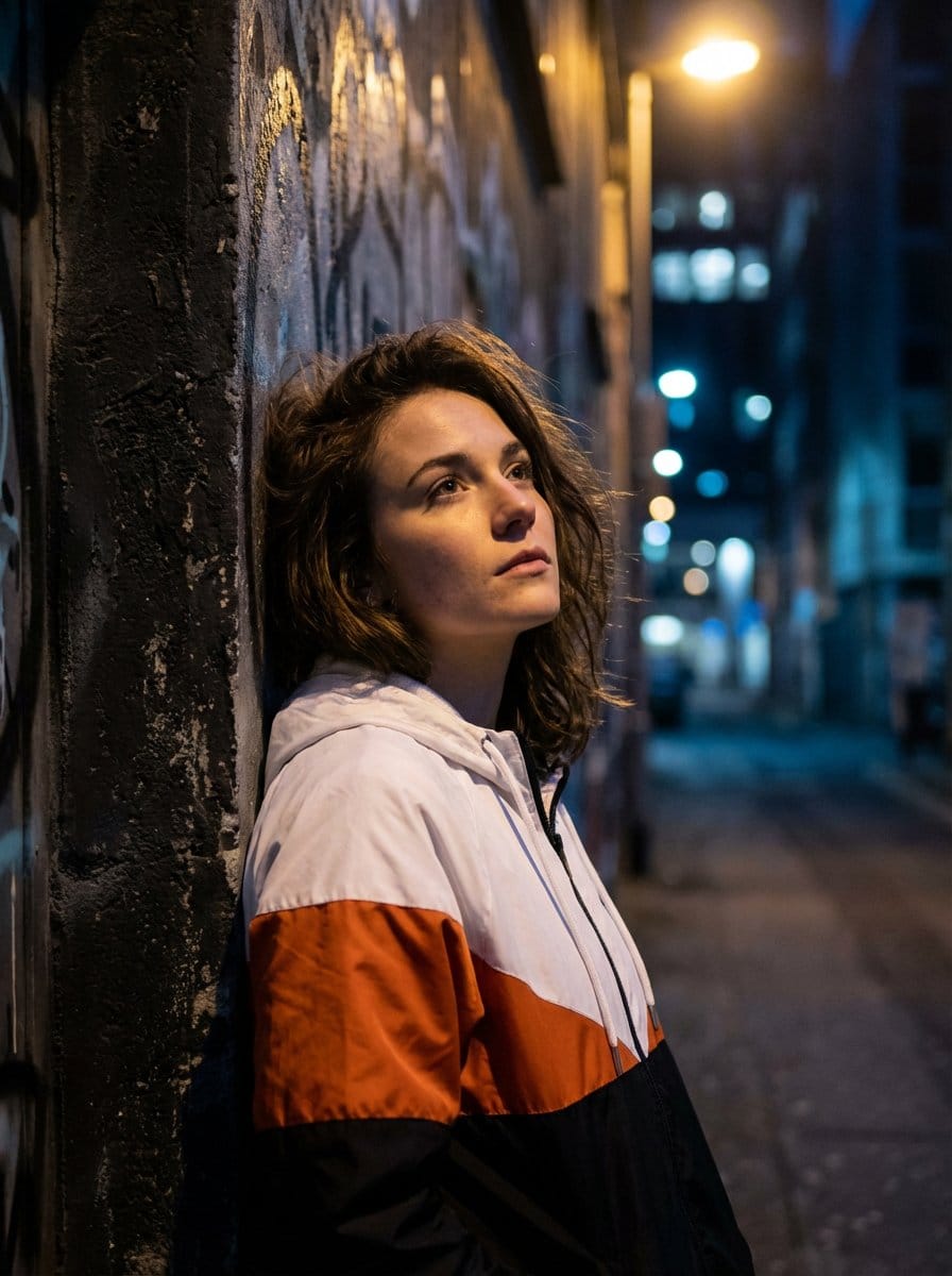 Dramatic Urban Portrait with Overhead Lighting