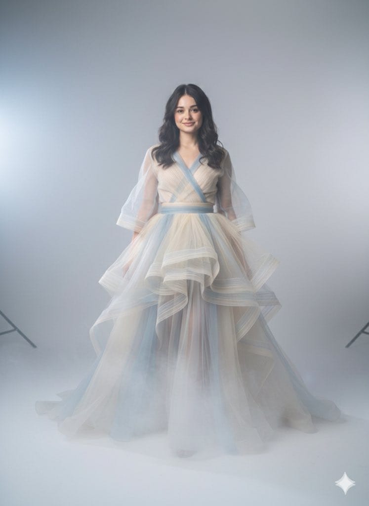 Dreamlike Couture Portrait: Gown Blending with Mist