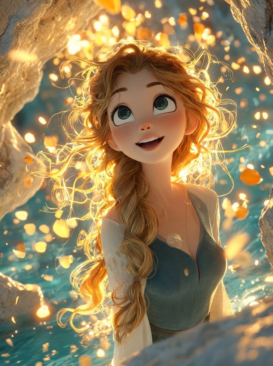 Dreamy 3D Animated Girl in Magical Cave