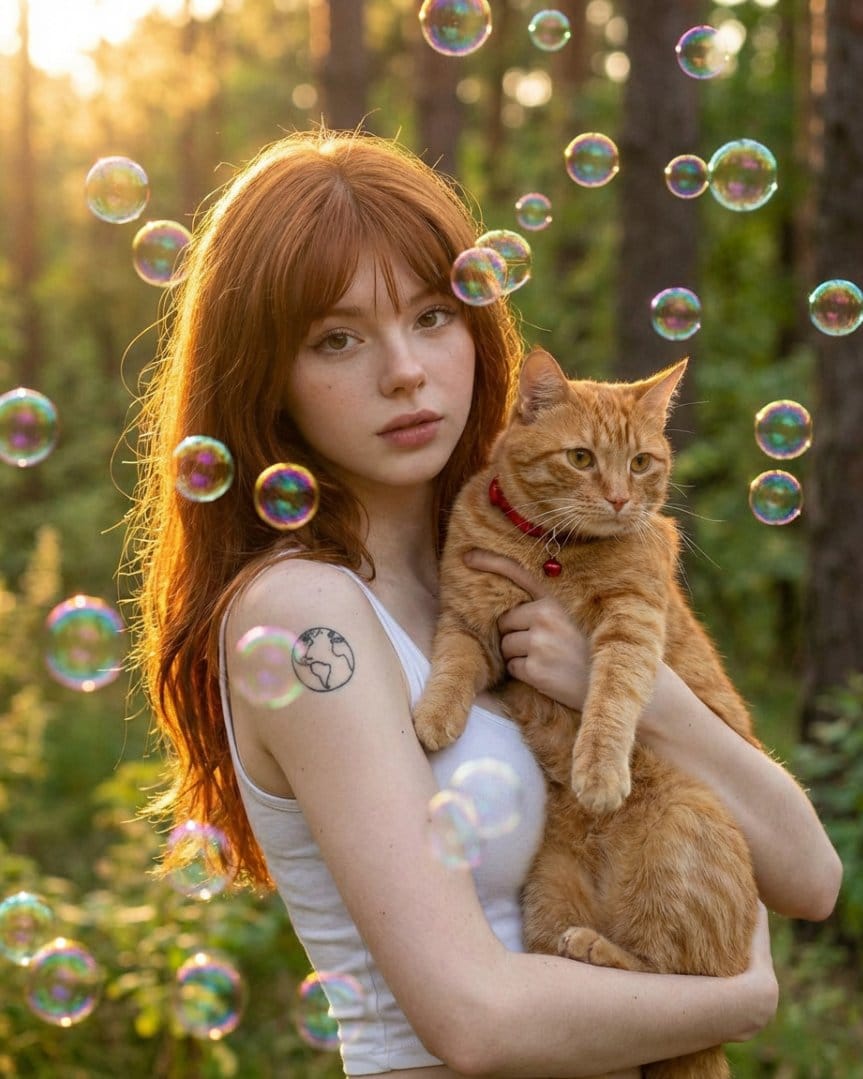 Dreamy Golden Hour Portrait with Cat and Soap Bubbles