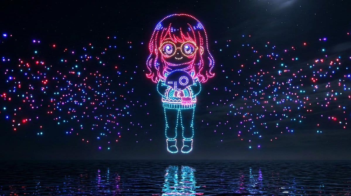 Drone Art Character Projection over Night Sea