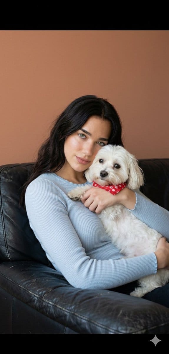 Dua Lipa Cozy Portrait with Maltese Dog Prompt
