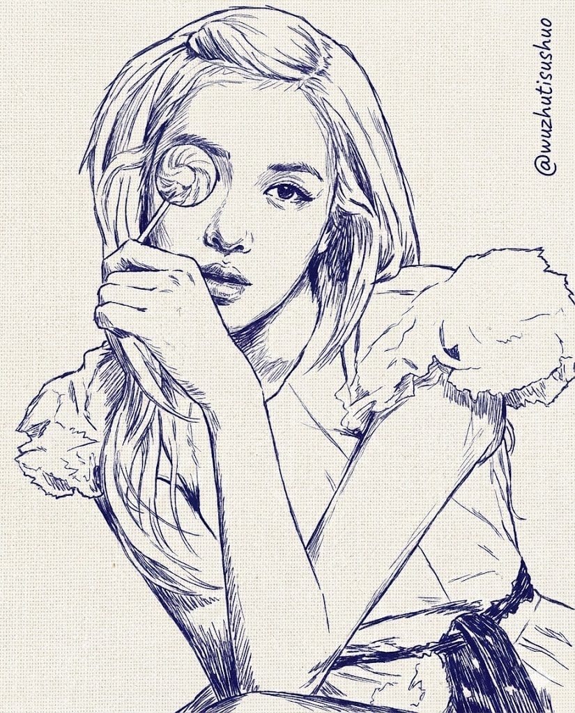 Dual-Style Artistic Sketch with Embroidery and Ballpoint Pen Textures