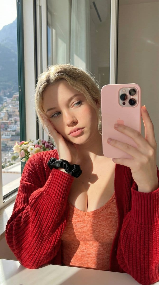 Dual Mirror Selfie Prompts (Red vs. Yellow Cardigan)