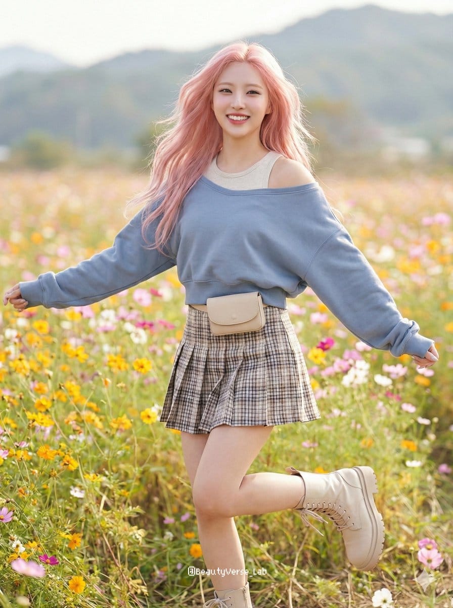 Dynamic K-Pop Idol Running in a Flower Field