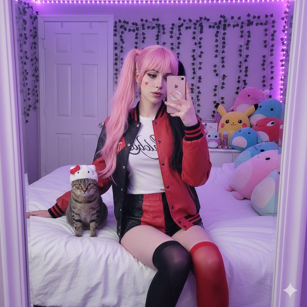 E-Girl Mirror Selfie with Cat Prompt