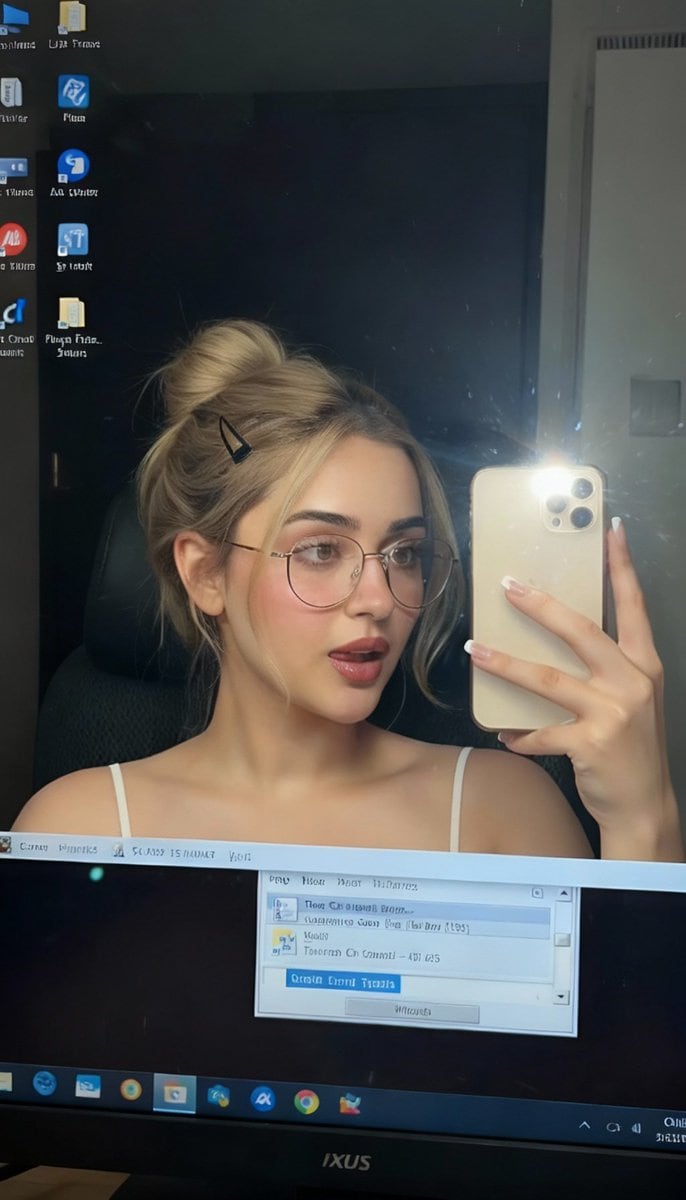 East Asian Woman Selfie with Messy Bun and Bokeh Background