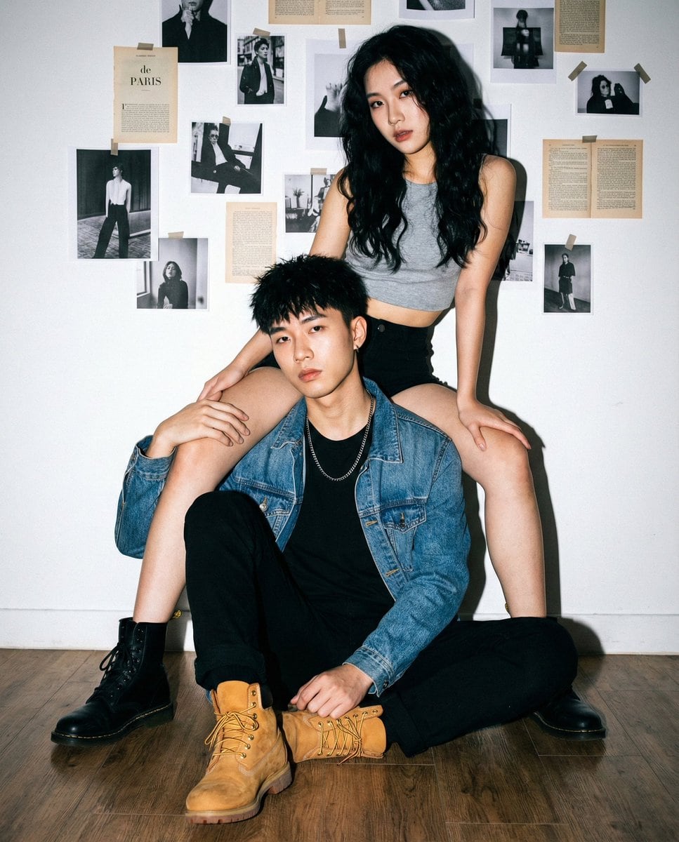 Edgy Asian Couple Portrait with Mismatched Boots and Flash Lighting