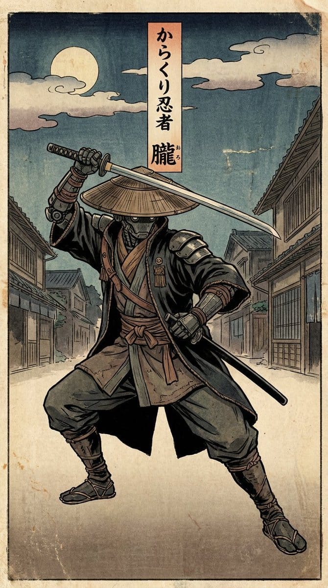 Edo-style woodblock print ninja character