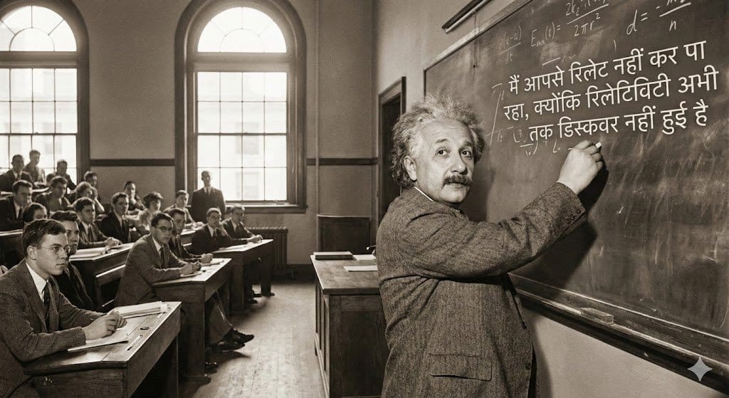 Einstein teaching at MIT with Hindi joke text