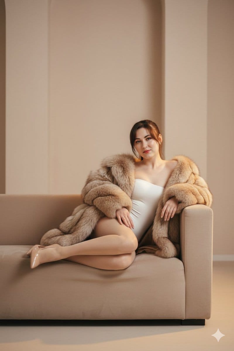 Elegant Glamour Portrait on Beige Sofa with Identity Lock