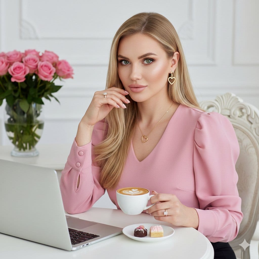 Elegant Professional Portrait with Coffee and Roses Prompt