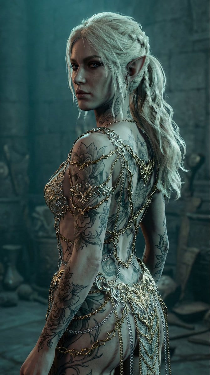 Elven Woman with Ornate Chain Dress