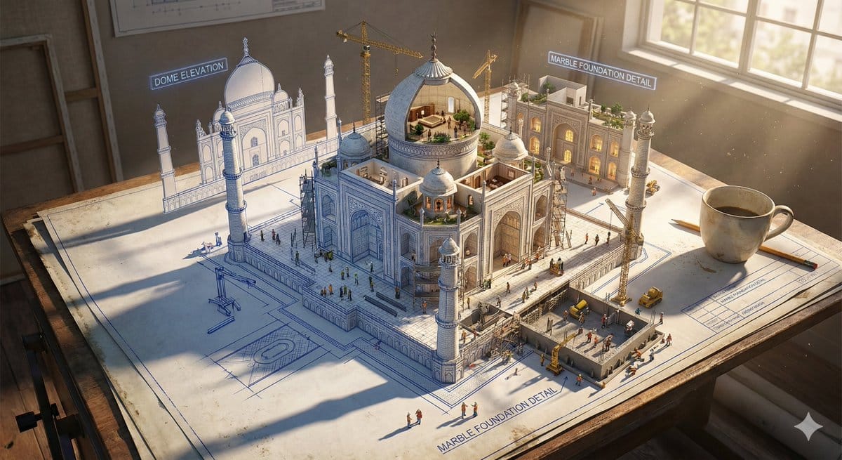 Epic 3D Architectural Blueprint Construction Scene