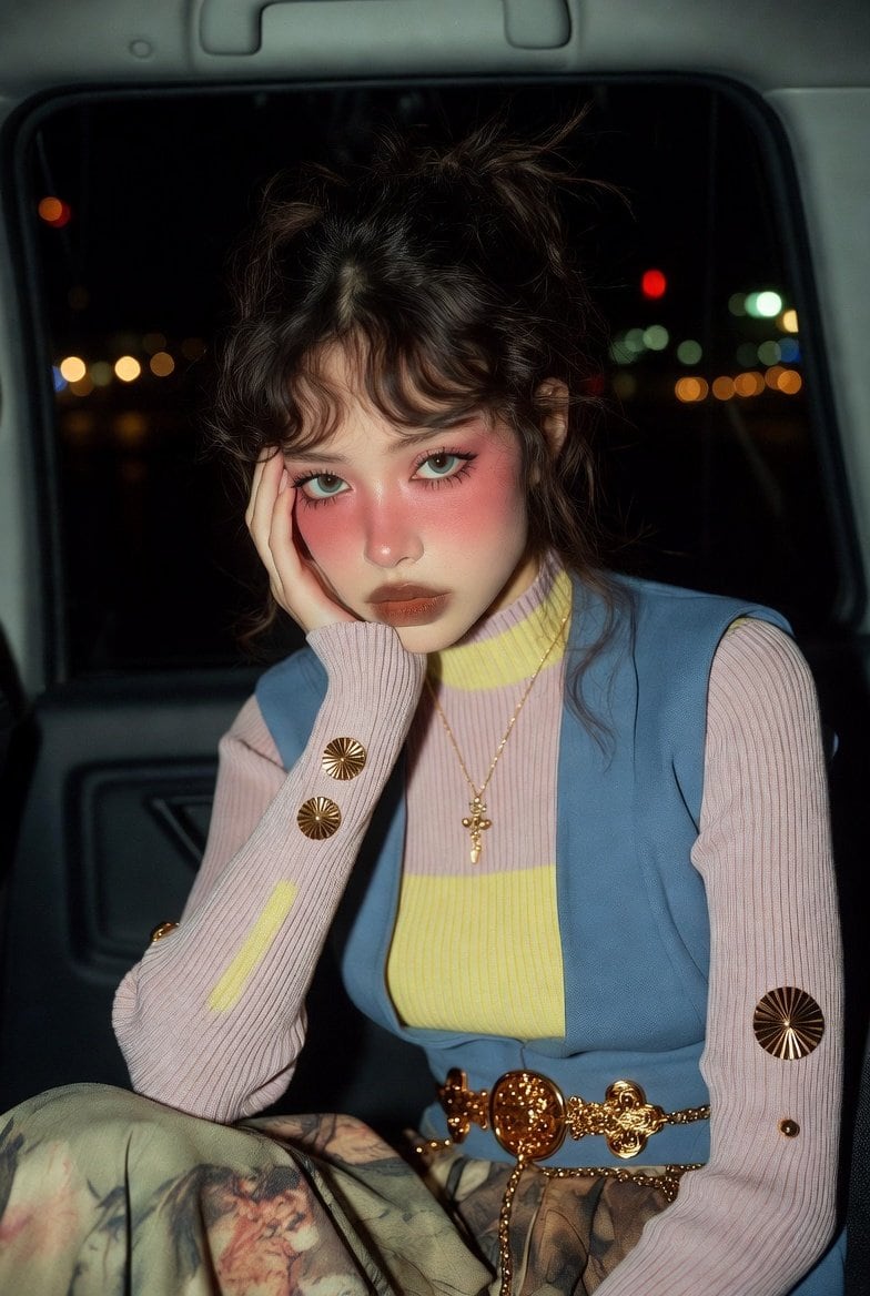 Ethereal Doll-like Portrait in a Night Car Interior