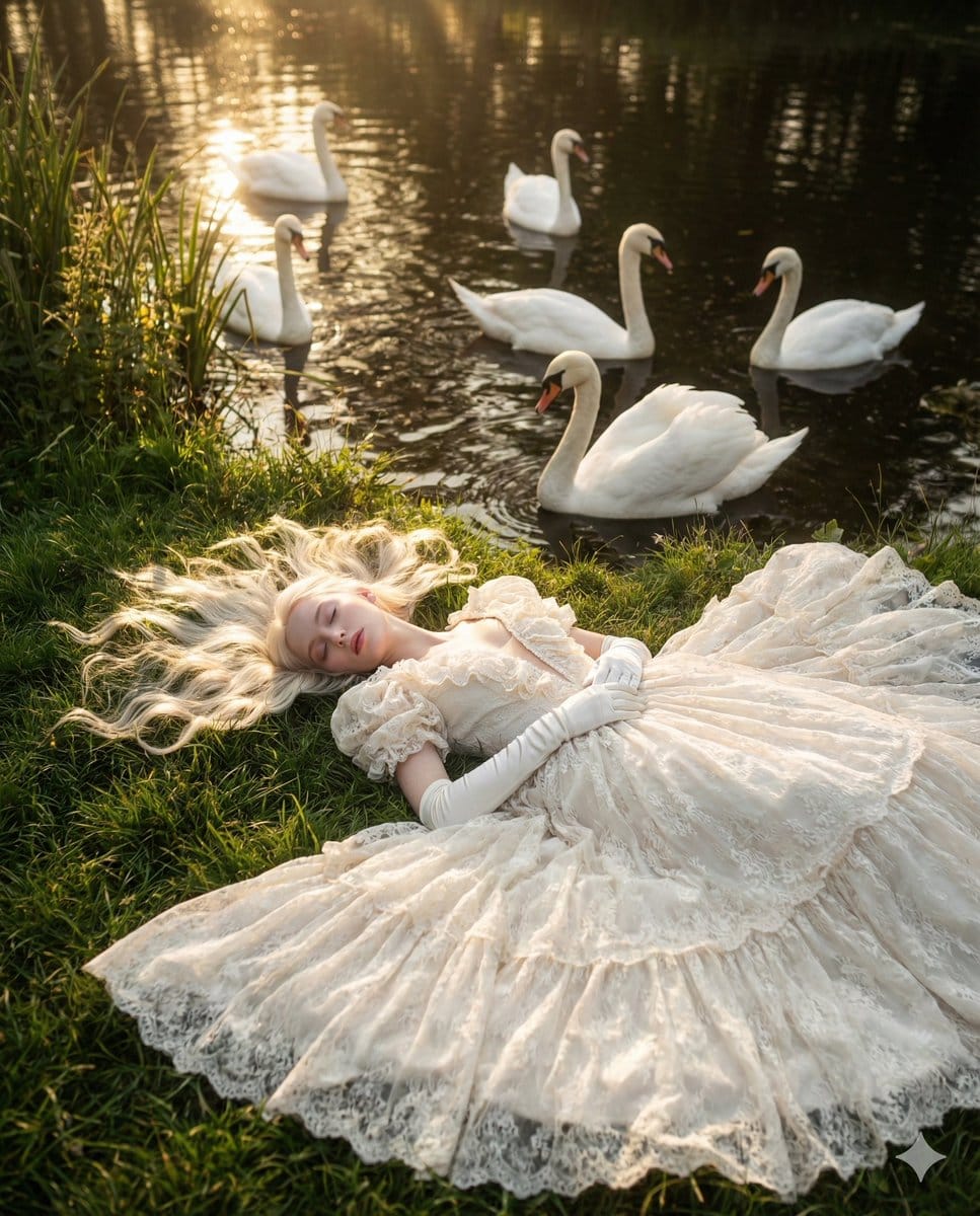 Ethereal Fantasy Portrait with Swans and Golden Hour Light