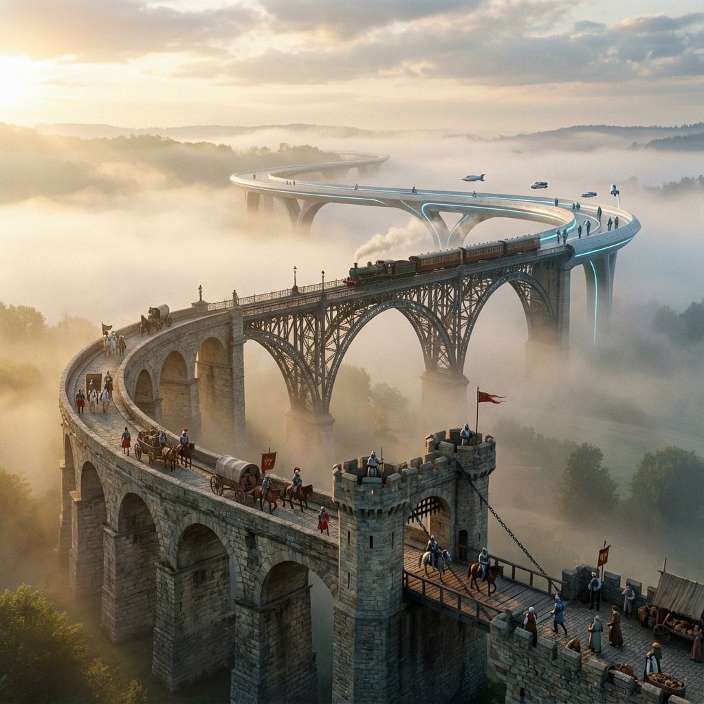 Evolutionary Bridge Cinematic Shot Prompt