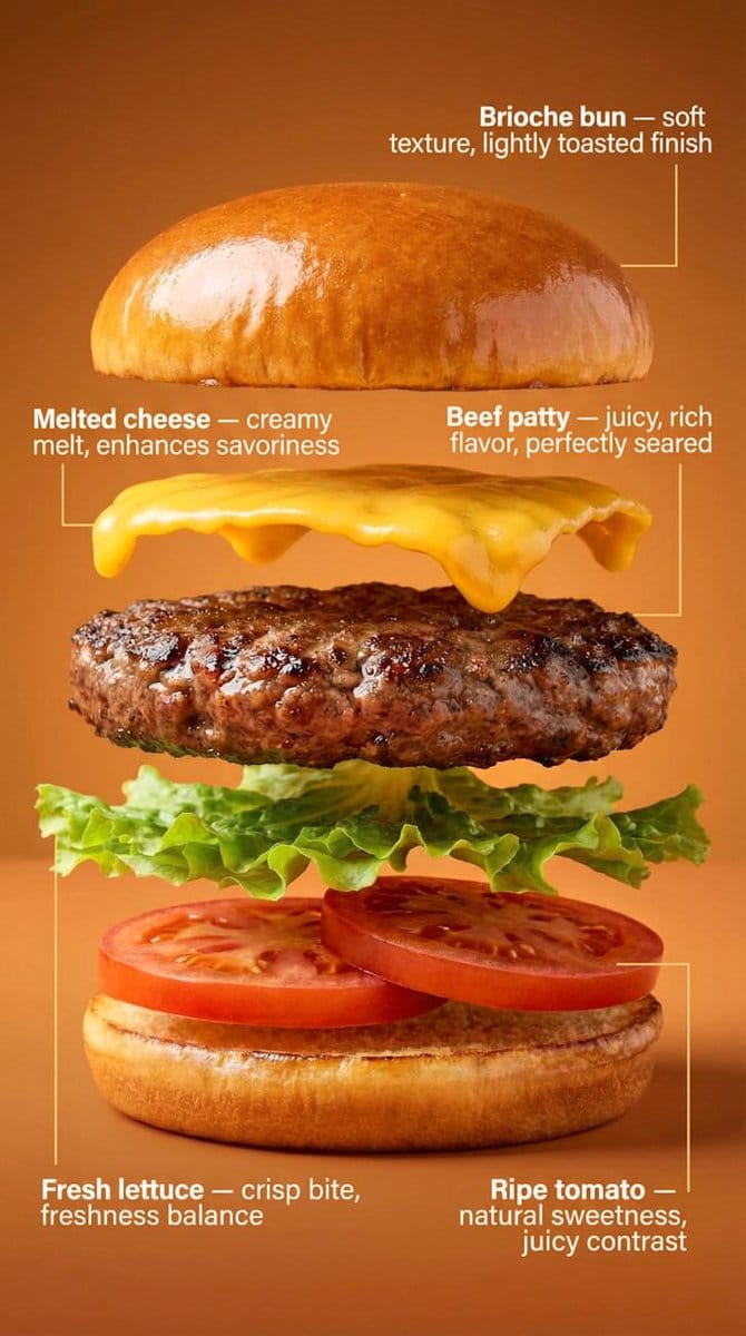Exploded-View Burger Composition with Annotations