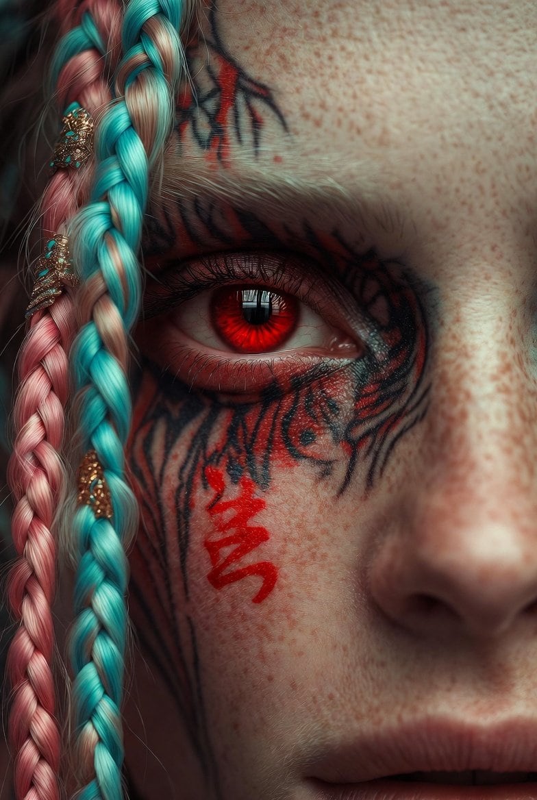 Extreme Close-Up Cinematic Portrait with Tattoos and Red Eye
