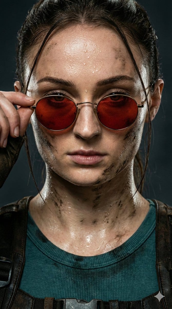 Extreme Closeup of Sophie Turner as Lara Croft