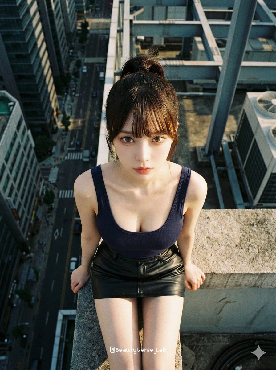Extreme Top-Down Skyscraper Edge Portrait Prompt