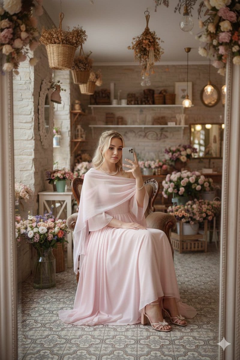 Fairy-Core Gown Mirror Selfie in a Floral Cafe