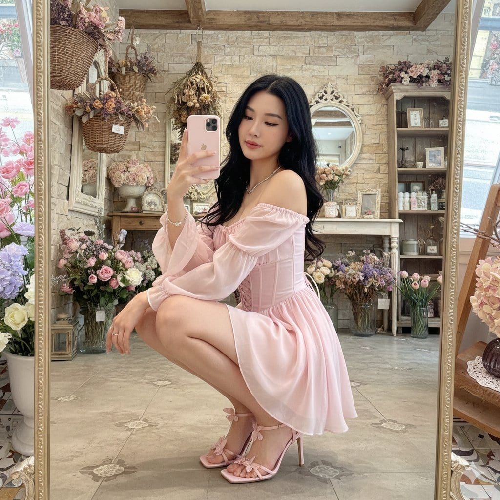 Fairy-Core Mirror Selfie in Floral Cafe (Structured)