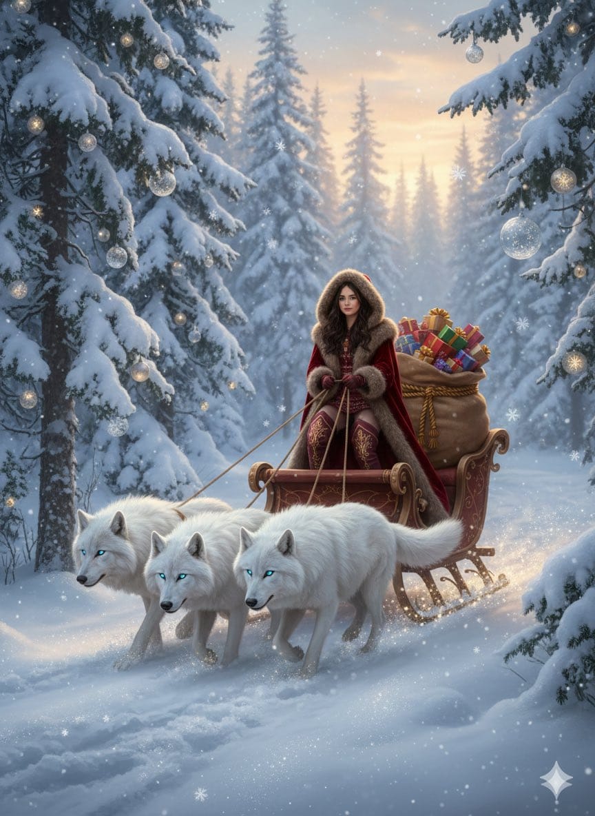 Fantasy Christmas Sleigh Pulled by Wolves