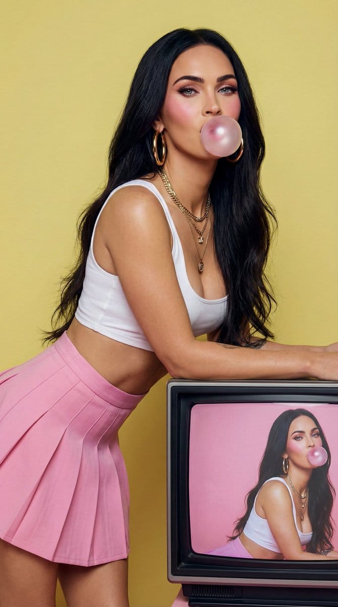 Fashion Editorial: Woman Blowing Bubblegum on Retro TV