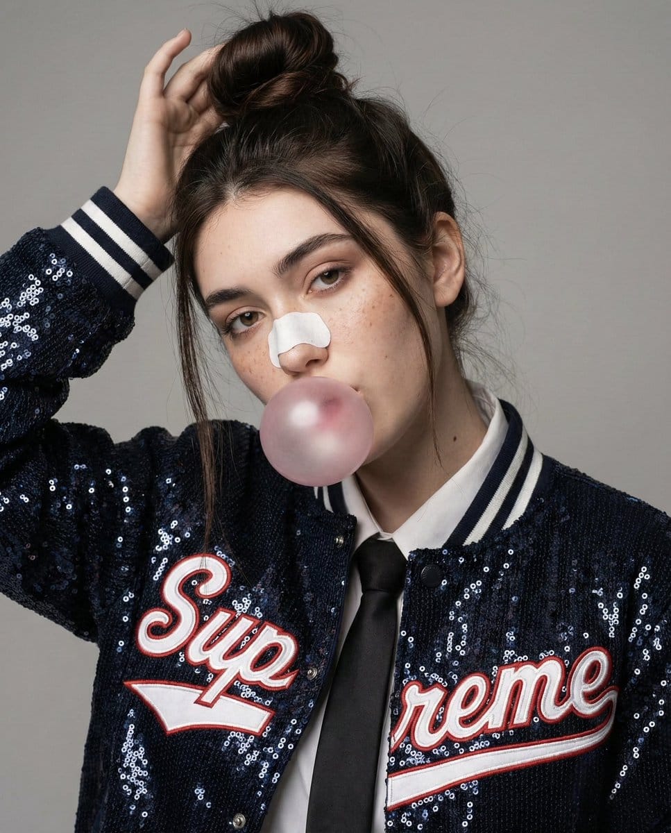 Fashion Editorial Portrait with Bubble Gum and Nose Strip Prompt